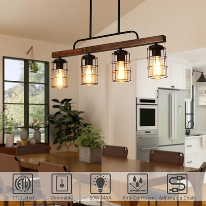 Kitchen Island Lighting,Farmhouse Dining Room Light Fixtures,Rustic Linear Pendant Lighting for Kitchen Island Dining Living Room,Black Metal & Wood