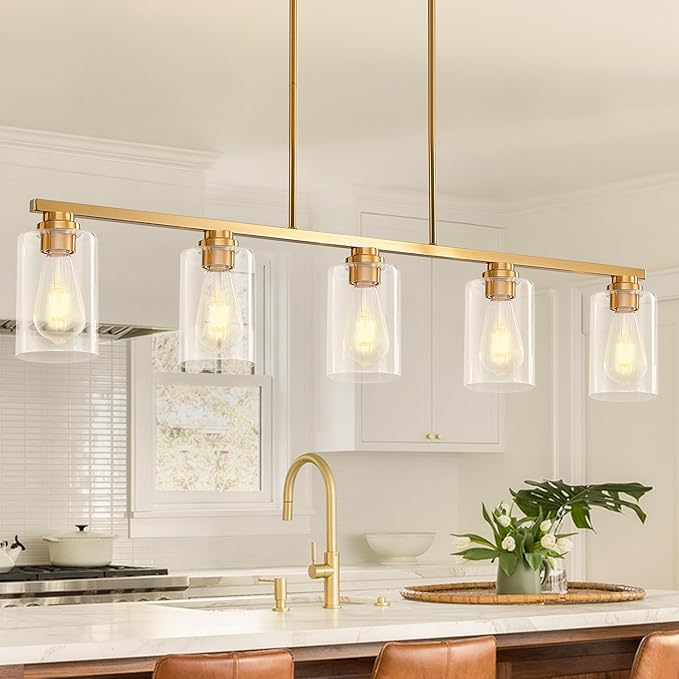 Mecgirn Island Light for Kitchen, Brushed Gold Dining Room Light Fixture Over Table, 5-Light Linear Chandelier Pendant Lighting for Dining Table Kitchen Island Living Room