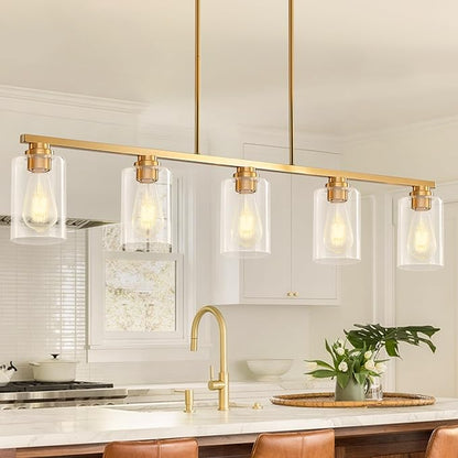 Mecgirn Island Light for Kitchen, Brushed Gold Dining Room Light Fixture Over Table, 5-Light Linear Chandelier Pendant Lighting for Dining Table Kitchen Island Living Room