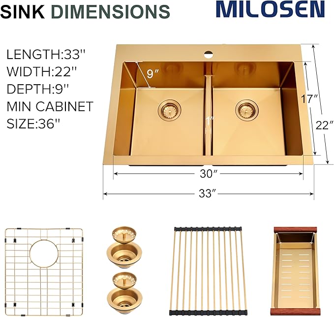 MILOSEN 33''x22'' Gold Double Bowl Kitchen Sink, 50/50 T304 Stainless Steel Drop in Gold Kitchen Sinks, Topmount Large and Deep Workstation Sink, Handmade Low-Divide Double Basin with Accessories