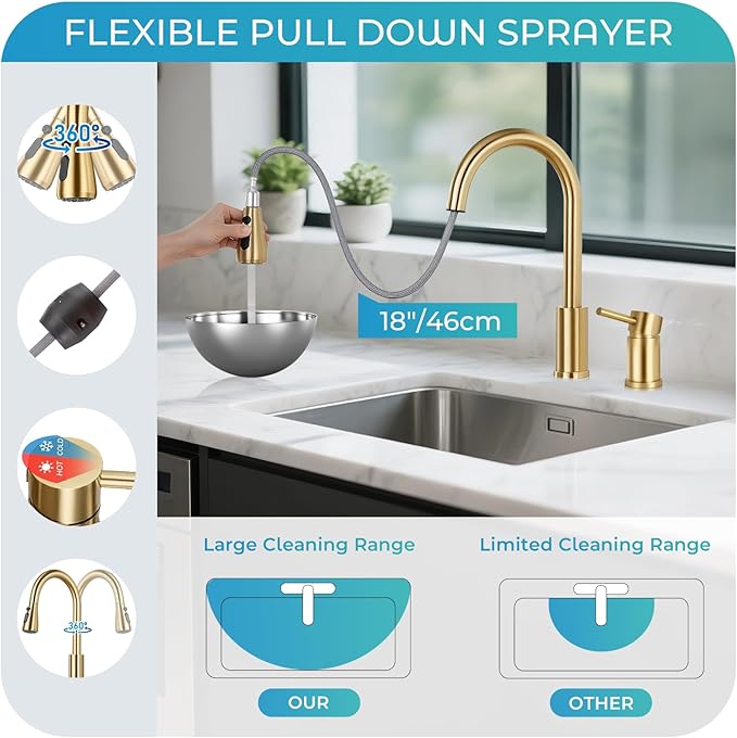 Pull Down Kitchen Faucet 2 Hole - Brushed Gold Single Handle Kitchen Faucets, High Arc Stainless Steel Pull Out Kitchen Sink Faucet for RV Laundry Farmhouse Bar