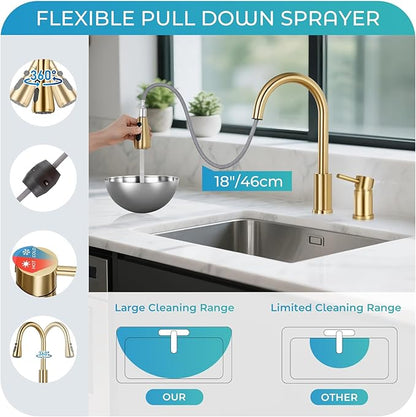Pull Down Kitchen Faucet 2 Hole - Brushed Gold Single Handle Kitchen Faucets, High Arc Stainless Steel Pull Out Kitchen Sink Faucet for RV Laundry Farmhouse Bar