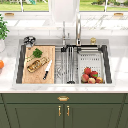 33x22 Drop In Stainless Steel Kitchen Sink with Faucet, Single Bowl Topmount Sink 16 Gauge, Waterfall Feature & Cup Washer, Workstation Accessories for Residential Kitchen #TLWF-0002