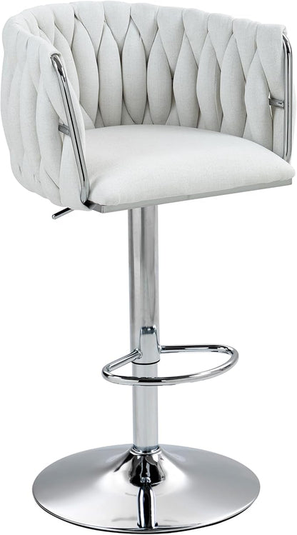 360° Fabric Cover Swivel Bar Stools Set of 2, Adjustable Counter Height Bar Chairs with Woven Back Footrest,Silver Chromed Bar Stools for Kitchen Island, Cafe, Pub (Beige)
