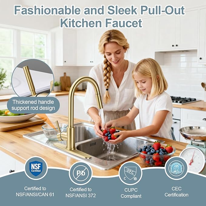 Gold Kitchen Faucets with Pull Down Sprayer, Single Handle High Arc Modern Stainless Steel Sink Faucet with Deck Plate, 1 or 3 Hole Deck Mount for RV, Bar, Farmhouse, Laundry, Outdoor