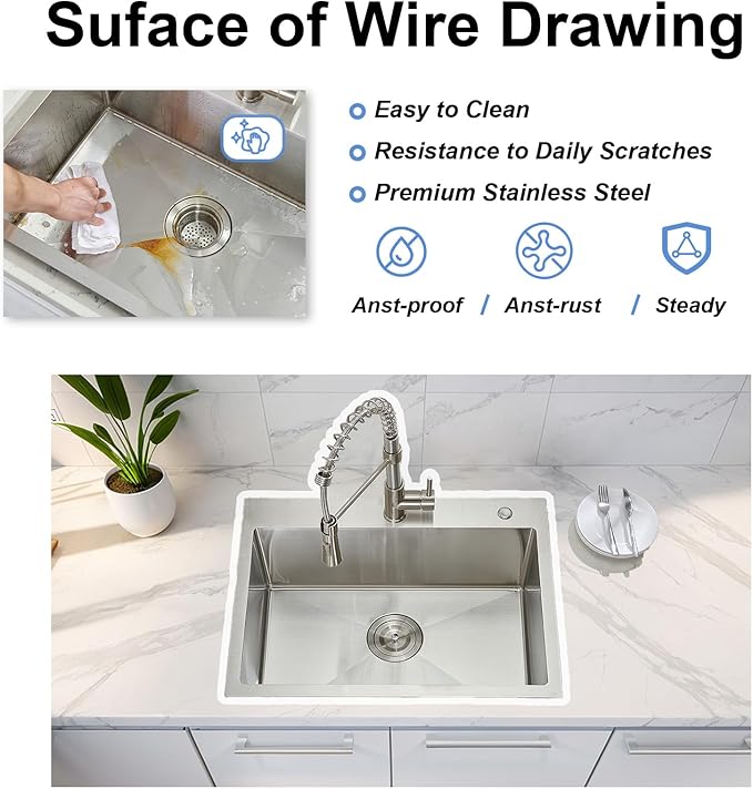 IKEBANA 24 x 18 Inch Brushed Nickel Kitchen Sink Drop in, 16 Gauge Stainless Steel Wet Bar Sink Topmount Single Bowl Small Kitchen Sinks, Outdoor RV Prep Sinks With Dish Grid& Drain