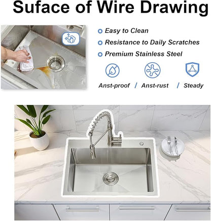 IKEBANA 24 x 18 Inch Brushed Nickel Kitchen Sink Drop in, 16 Gauge Stainless Steel Wet Bar Sink Topmount Single Bowl Small Kitchen Sinks, Outdoor RV Prep Sinks With Dish Grid& Drain