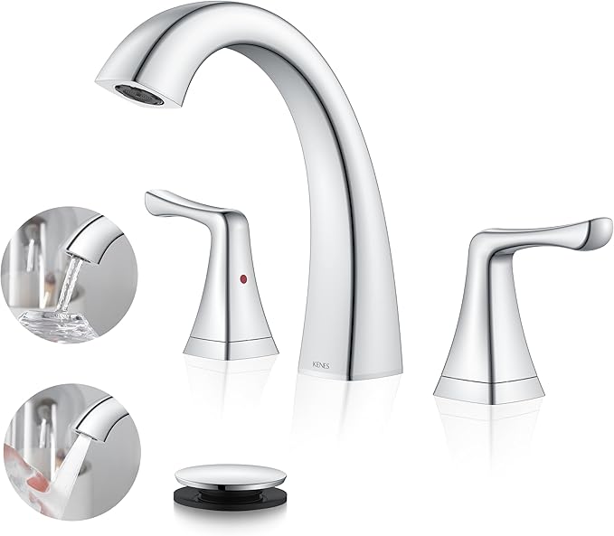 KENES Bathroom Faucets for Sink 3 Hole, Chrome 8 Inch 2 Handle Widespread Bathroom Faucet, Bathroom Vanity Faucet with Pop Up Drain & Supply Lines, LJ-9075-5