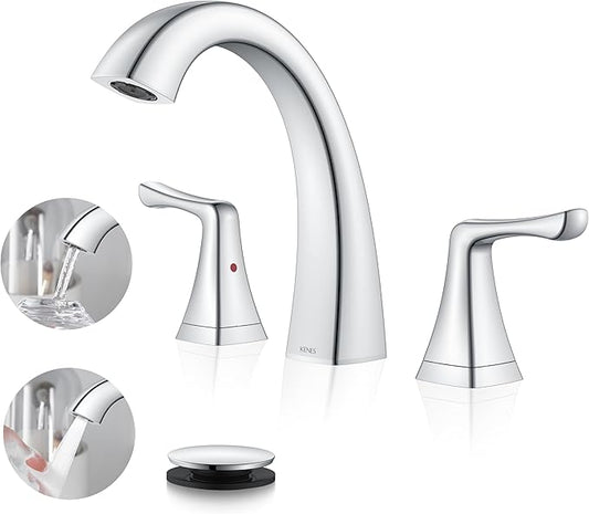 KENES Bathroom Faucets for Sink 3 Hole, Chrome 8 Inch 2 Handle Widespread Bathroom Faucet, Bathroom Vanity Faucet with Pop Up Drain & Supply Lines, LJ-9075-5