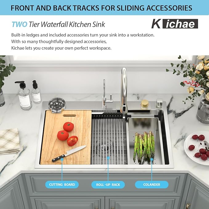 Kichae Waterfall Kitchen Sink Drop In - Kitchen Sink 33x19 Drop In Waterfall with Hot & Cold Water Stainless Steel 16 Gauge Handmade Single Bowl Workstation Sinks with Glass Rinser & Faucet Combo