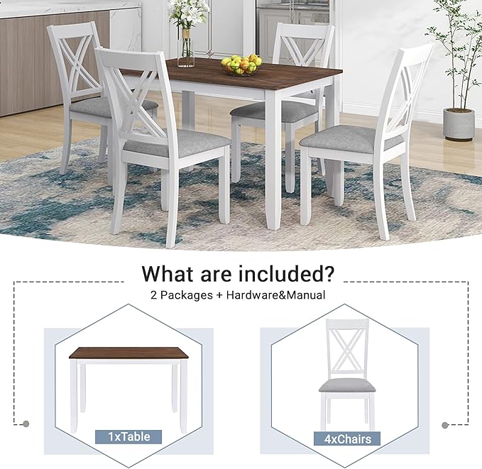 VilroCaz Minimalist Solid Wood 5-Piece Dining Table Set, Kitchen Dining Table Set for 4, Rectangular Table with 4 X-Back Upholstered Chairs for Dining Room Small Places (White-Min)