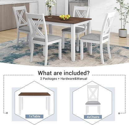 VilroCaz Minimalist Solid Wood 5-Piece Dining Table Set, Kitchen Dining Table Set for 4, Rectangular Table with 4 X-Back Upholstered Chairs for Dining Room Small Places (White-Min)