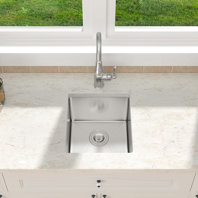 15 x 17 Inch Undermount Bar Sink 16 Gague Stainless Steel Handmade Kitchen Sink Single Bowl Small Wet Prep RV KitchenSinks Basin (Not Included Roll-up Drying Rack and Bottom Grid)