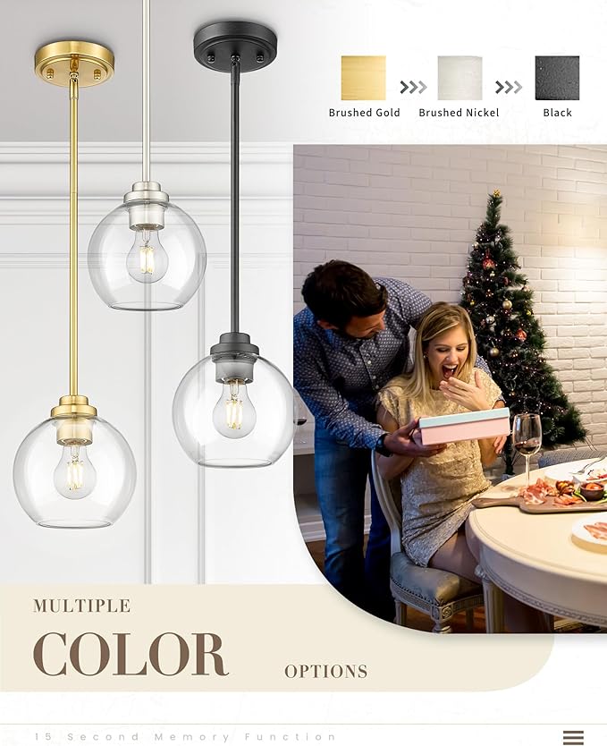 Modern Polished Gold Pendant Light, 7Inch Mid Cenrury Globe Hanging Light Fixture with Clear Glass for Kitchen Island Dining Room Bedroom Hallway Foyer (1 Pack), PL101BG