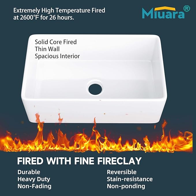 Miuara Farmhouse Sink 30 Inch - White Apron Front Undermount Kitchen Sink Reversible 30"x18"x10", Farm House Style Single Bowl, Heavy Duty Solid Fireclay, Glossy White, for Kitchen