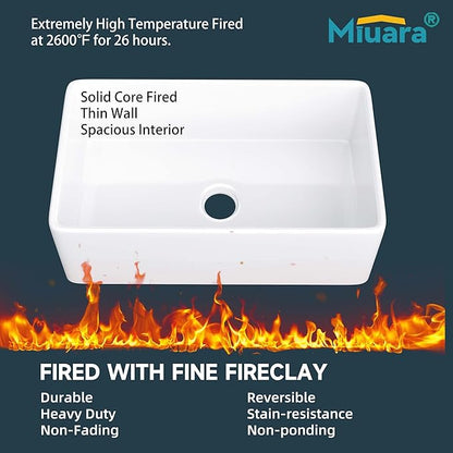 Miuara Farmhouse Sink 30 Inch - White Apron Front Undermount Kitchen Sink Reversible 30"x18"x10", Farm House Style Single Bowl, Heavy Duty Solid Fireclay, Glossy White, for Kitchen