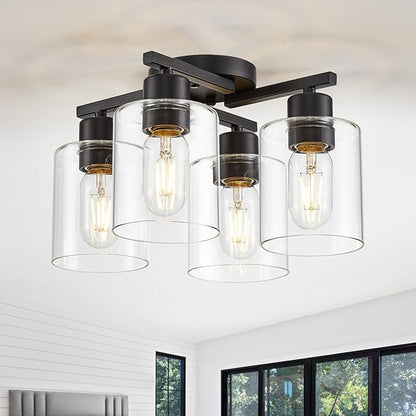 Kitchen Lighting Fixtures Ceiling, Black Semi Flush Mount Ceiling Light, 4 Light Kitchen Light Fixtures Cieling Lights with Clear Glass Shade for Bedroom Foyer Farmhouse Hallway
