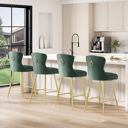 Bar Stools Set of 2, Velvet Counter Height Bar Stools with Metal Legs, Button Tufted and Nailheads Trim, Wing Back Bar Chairs for Kitchen Island Dining Room Pub, Green