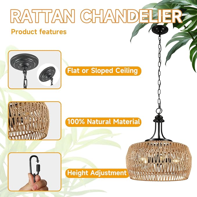 18“ Large Rattan Light Fixture, Rattan Chandeliers for Dining Room, 5-Light Boho Fixture with Twine Making Lampshade, Adjustable Height, Chandelier for Kitchen, Bedroom(Brown)