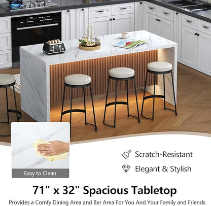 71" Large Imitation Marble Dining Table for 6-8 People, Island Table with LED Lights, Mordern Marble Stripes Kitchen Dining Table with Grille design for Dining Room, Home, Office, Living Room（white）