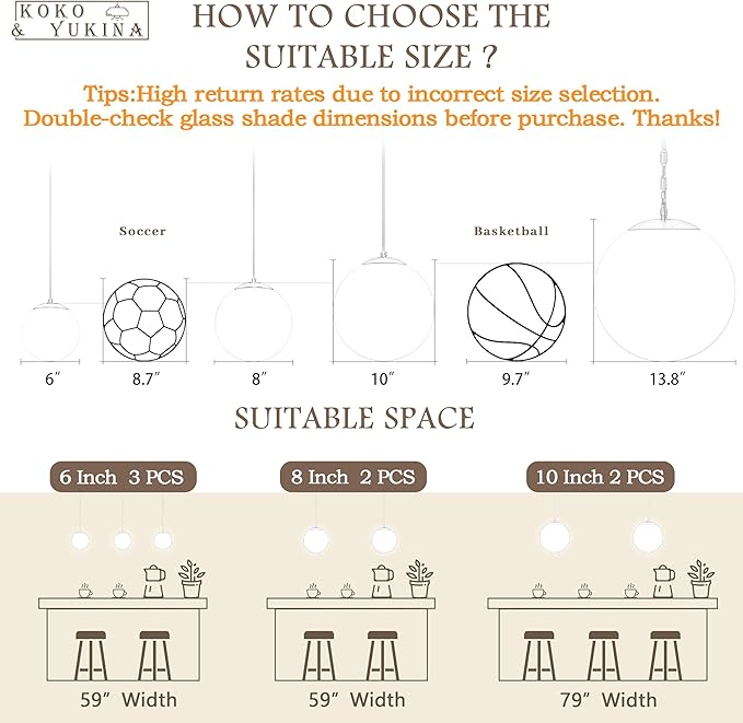 KoKo&Yukina 8 Inch Gold Modern Globe Pendant Light White Glass with Brass Finish Contemporary Mid Century Adjustable Hanging Light Fixture for Living Room Bedroom Bathroom Kitchen (Bulb Incl.)
