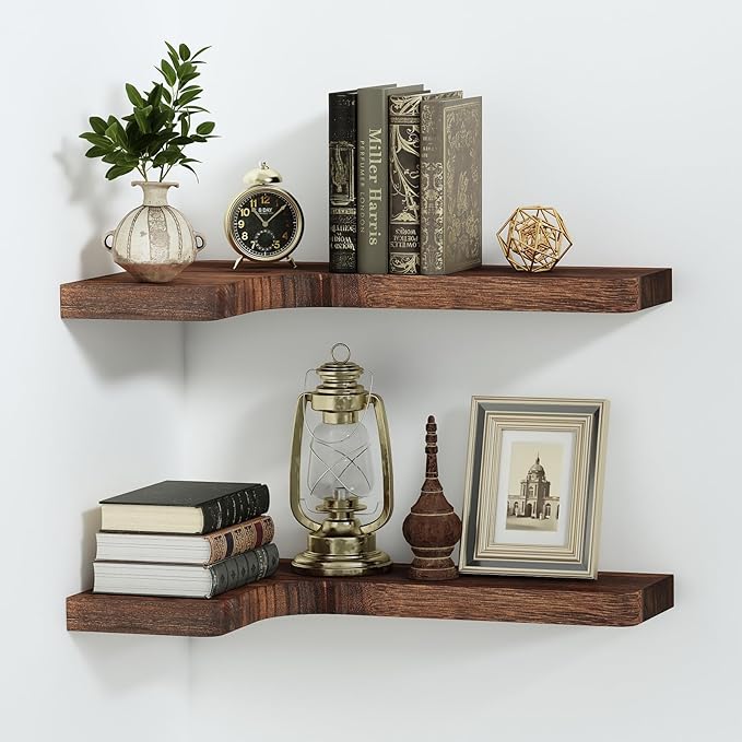 SAUMONIERES Corner Floating Shelves 24 Inch Wall Mount Shelf Solid Wood for Bedroom Bathroom Kitchen Storage Set of 2, Rustic Brown