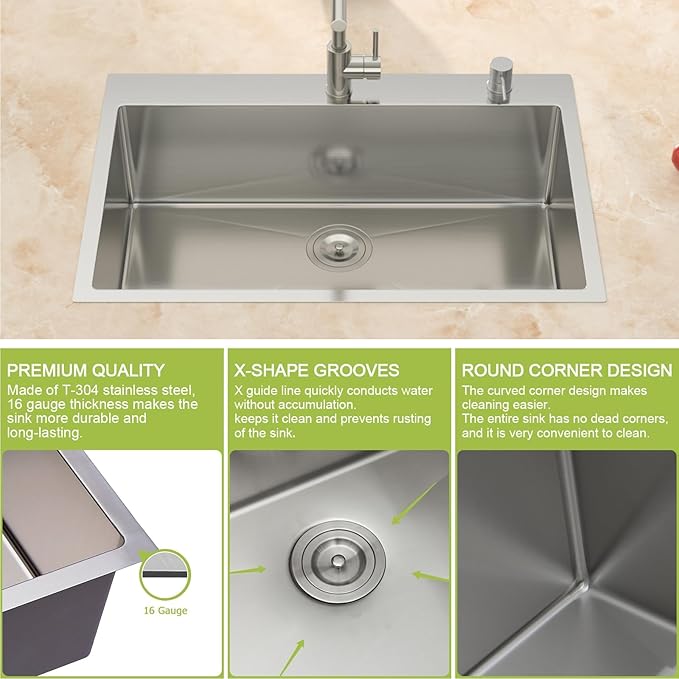 33 Inch Drop In Kitchen Sink - 33x22 Topmount 16 Gauge Stainless Steel Single Bowl Drop In Kitchen Sink 9" Deep Basin with Drain Assembly