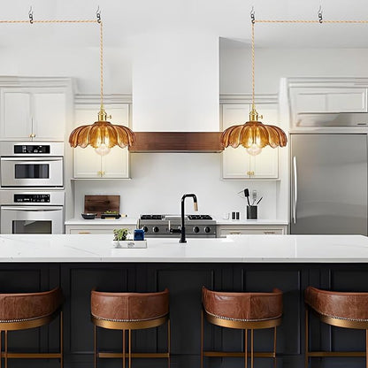 Plug in Pendant Light, Hanging Lights with Plug in Cord, Hanging Light Fixture with Amber Color Glass, E26 Pendant Lighting for Kitchen Island, Bedroom, Dining Room-Browm