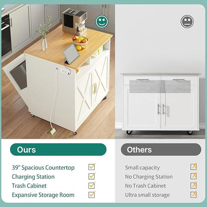 YITAHOME Double Tilt Out Trash Cabinet with Power Outlet, Hidden Trash Cabinet Fit 20-Gallon Bin, Pet-Proof Rolling Garbage Can Storage, Garbage and Recycling Island for Kitchen Dining Room, White