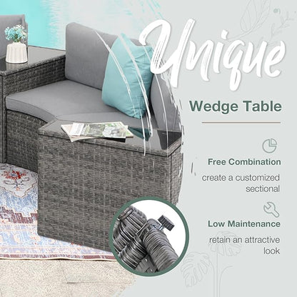 SUNSITT Rattan PE Resin Wicker Patio Side Table 2-Pack Sofa Wedge End Table with Tempered Glass Top, Grey