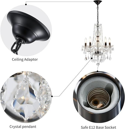 WUZUPS Crystal 5-Light Candle Chandelier Pendant Flushmount Ceiling Light Modern Lighting Fixture for Bedroom Hallway Bar Kitchen Bathroom, H 25" x W 20", Black, E12 Base