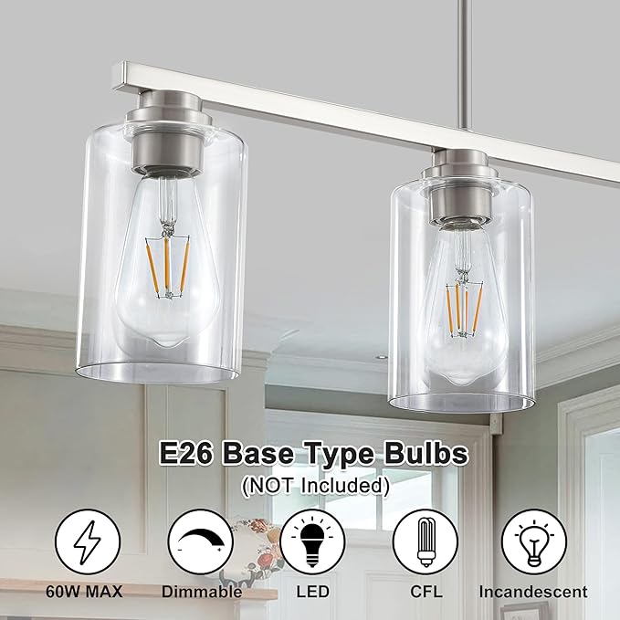 Mecgirn Island Light for Kitchen, Brushed Nickel Dining Room Light Fixture Over Table, 4-Light Linear Chandelier Pendant Lighting for Dining Table Kitchen Island Living Room