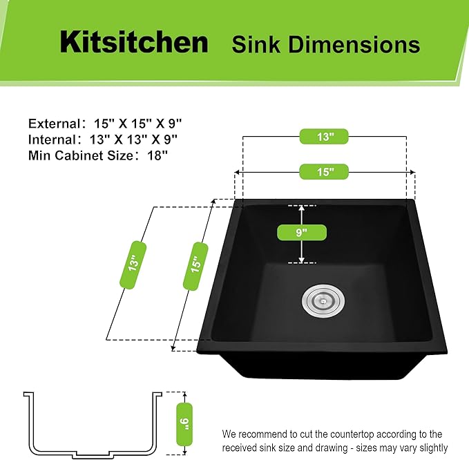 Kitsitchen Black Undermount Bar Sink 15" x 15", Granite Composite Kitchen Sink with Drain Assembly & Bottom Gird, Small Quartz Stone Kitchen Sink for Bar, RV, Outdoor and Wet Bar