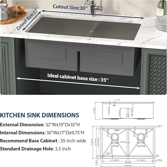Lordear 32 Inch Undermount Double Bowl Kitchen Sink 16 Gauge Stainless Steel Double Bowl with Low Divider 32x19 Inch Double Basin Kitchen Sinks 50/50 Handmade