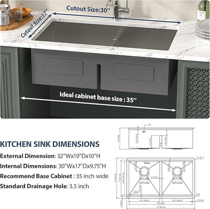 Lordear 32 Inch Undermount Double Bowl Kitchen Sink 16 Gauge Stainless Steel Double Bowl with Low Divider 32x19 Inch Double Basin Kitchen Sinks 50/50 Handmade