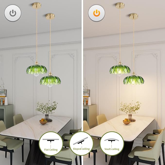 Vintage Pendant Light Green Mid Century Modern Pendant Light with Hand Blown Glass Shade Nordic Style 10" Gold1-Light Farmhouse Chandelier Ceiling Hanging Light fixtures for Dining Room Bedroom