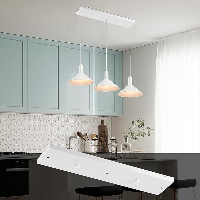 Three Pendant Light Linear Canopy Accessory Light Kit, 26 inch Flush Mount Cluster Canopy, Hanging 3 Lights with One Outlet Box for Kitchen Island, Mounting Hardware Included, Matte White