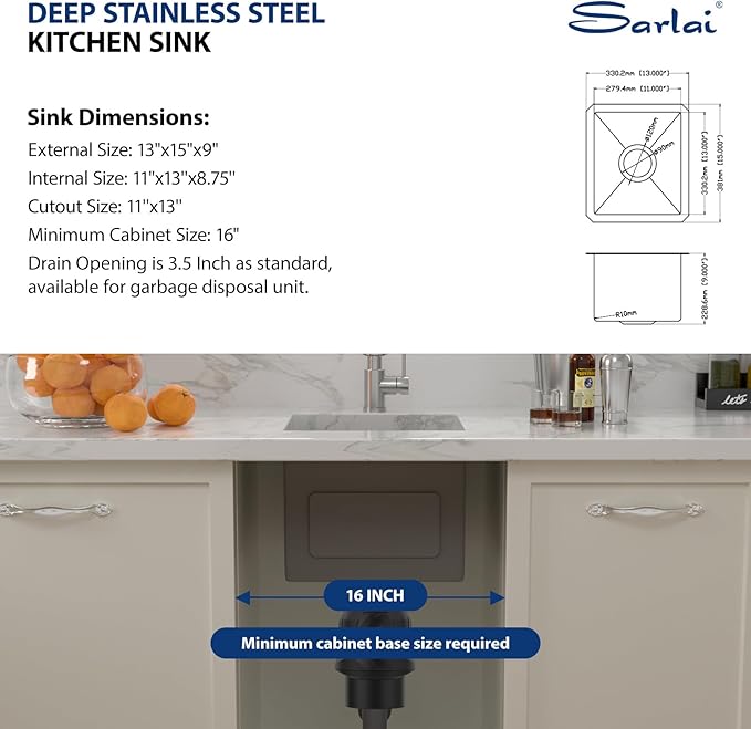 13 Bar Sink Undermount - Sarlai 13"x15" Undermount Sink Single Bowl 16 Gauge Stainless Steel 9 Inch Deep Bar Prep Sink Small Kitchen Sink