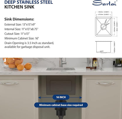 13 Bar Sink Undermount - Sarlai 13"x15" Undermount Sink Single Bowl 16 Gauge Stainless Steel 9 Inch Deep Bar Prep Sink Small Kitchen Sink