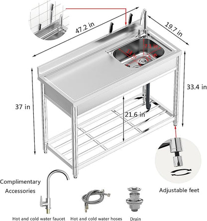 Free Standing Stainless-Steel Single Bowl, Commercial Restaurant Kitchen Sink Set w/Faucet & Drainboard, Prep & Utility Washing Hand Basin w/Workbench & Storage Shelves Indoor Outdoor (47in)