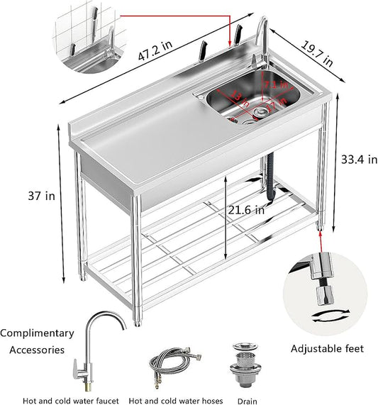 Free Standing Stainless-Steel Single Bowl, Commercial Restaurant Kitchen Sink Set w/Faucet & Drainboard, Prep & Utility Washing Hand Basin w/Workbench & Storage Shelves Indoor Outdoor (47in)