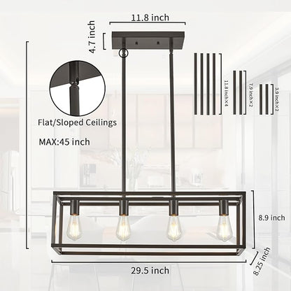 Farmhouse Rectangle Chandeliers for Dining Rooms, Modern Linear Hanging Light Fixture Matte Oil-Rubbed Bronze 4-Light Industrial Pendant Lighting for Kitchen Island