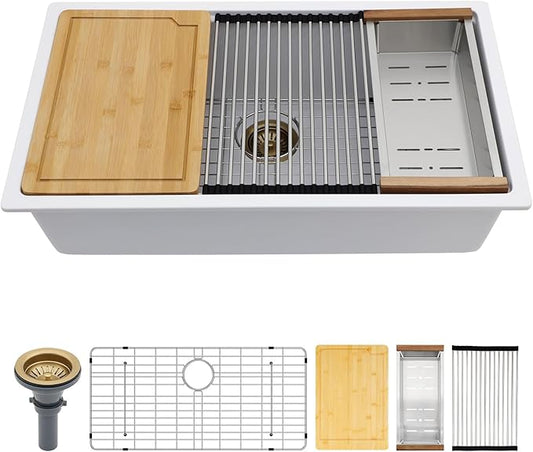 32 Inch White Undermount Kitchen Sink Workstation Granite Composite Kitchen Sink Quartz Ledge Single Bowl Under Counter Large Deep Classic Sinks Basin,32" x 19"