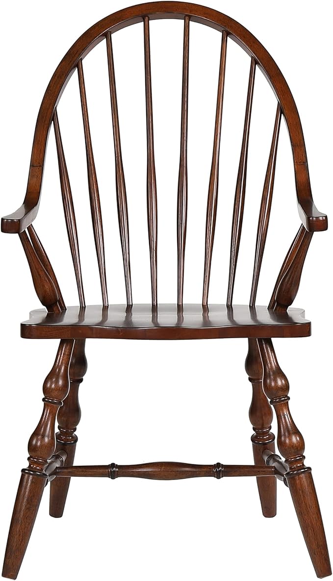 Sunset Trading Andrews Windsor Spindleback Dining Chair with Arms | Fully Assembled Kitchen Armchair| Modern Farmhouse Minimalist Country Cottage | Distressed Chestnut Brown Solid Wood
