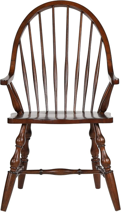 Sunset Trading Andrews Windsor Spindleback Dining Chair with Arms | Fully Assembled Kitchen Armchair| Modern Farmhouse Minimalist Country Cottage | Distressed Chestnut Brown Solid Wood