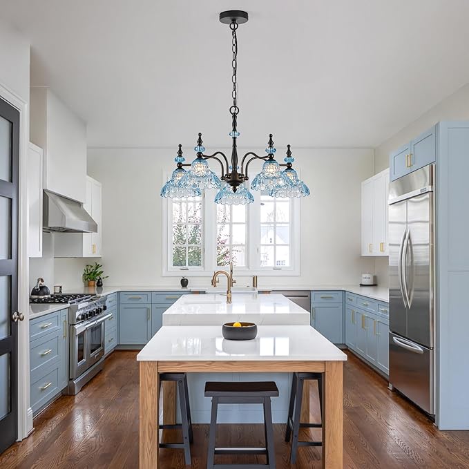 HDDFL Chandeliers Light 5 Lights Chandelier Lamp Modern Pendant Lighting Fixtures Hanging Lamps for Dining Room Entryway Living Room Bedrooms Foyer Entrance Kitchen Black and Blue