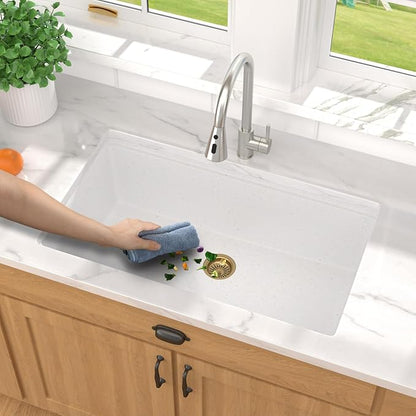 Granite kitchen Sink - 32 Inch White Undermount Kitchen Sink Workstation Single Bowl White Quartz Composite Sinks Basin with Gold Drain Assembly, 32"x19" #TLGU-104