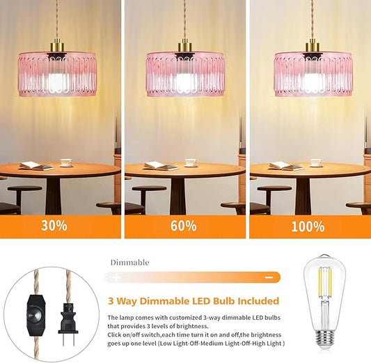 QIYIZM Pink Plug in Pendant Light Glass Hanging Lights with Plug in Cord Boho Hanging Lamp Gold Mid Century Modern Vintage Dimmable Flower Plug in Chandelier Ceiling Fixture for Living Room,Bedroom