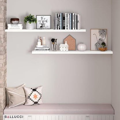 Ballucci Floating Shelves for Wall, 60" Wood Wall Shelf Set of 2, with Invisible Brackets for Bathroom, Living Room, Bedroom, Kitchen, Nursery, 8" Deep, White