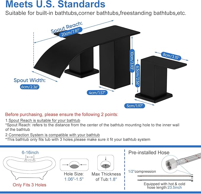 RUMOSE Matte Black Roman Bathtub Faucet Set Waterfall Tub Faucets High Flow Widespread 6-16 Inch 3 Holes Deck Mount Tub Filler 2 Handles Bathtub Filler Soaking Bath Faucet